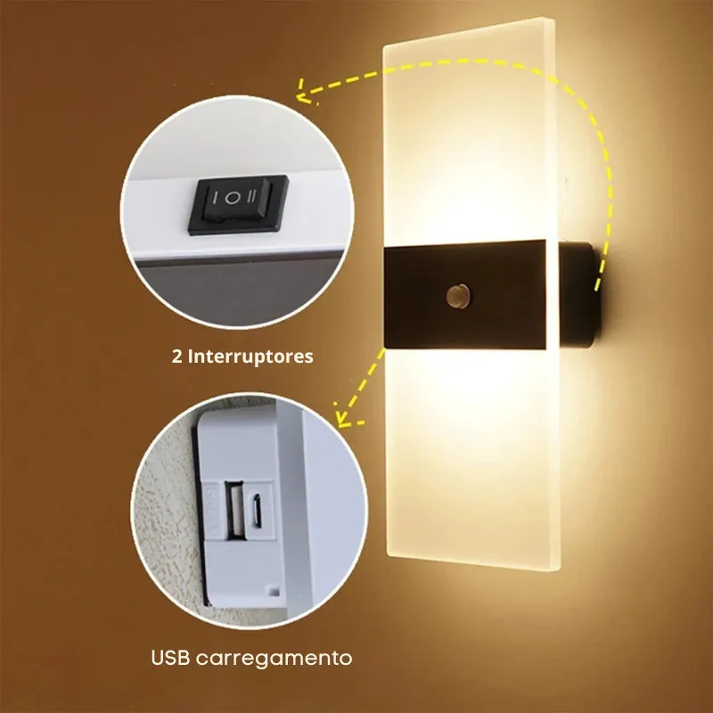 Arandela de Parede Sem fio Nordic Sconce – Sensor de Movimento e Toque, Recarregável USB
