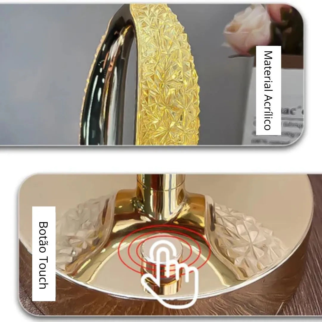 Luminária Mesa Abajur Cristal Oval - Touch para acender - Recarregável