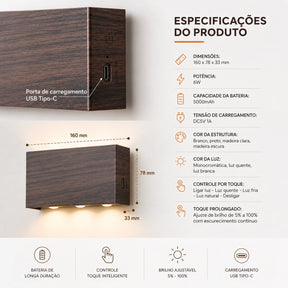 Arandela de Parede Touch Recarregável  e Controle Remoto – 3 Cores