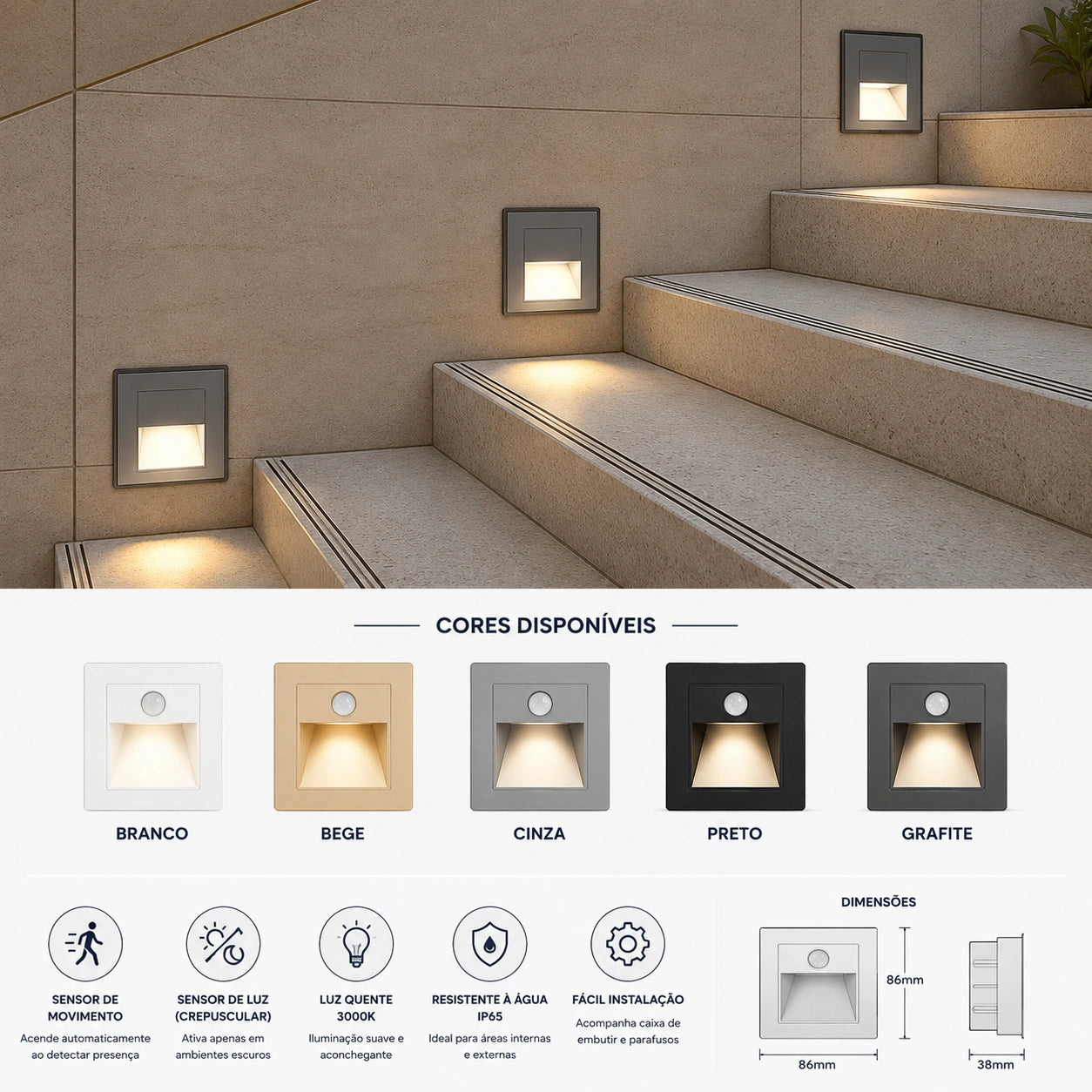 Balizador Arandela LED para Embutir para Degrau de Escada com Sensor de Presença - STE