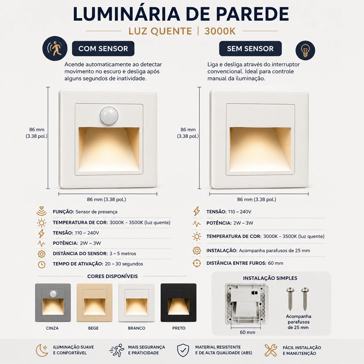 Balizador Arandela LED para Embutir para Degrau de Escada com Sensor de Presença - STE