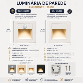 Balizador Arandela LED para Embutir para Degrau de Escada com Sensor de Presença - STE