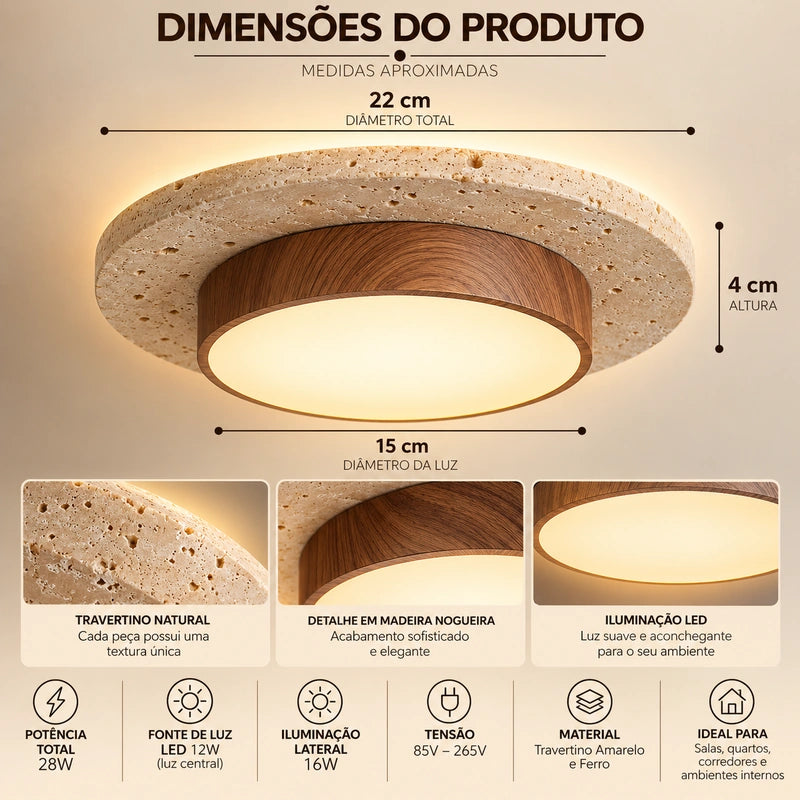 Luminária de Teto Redonda de Pedra Travertino  D22cm